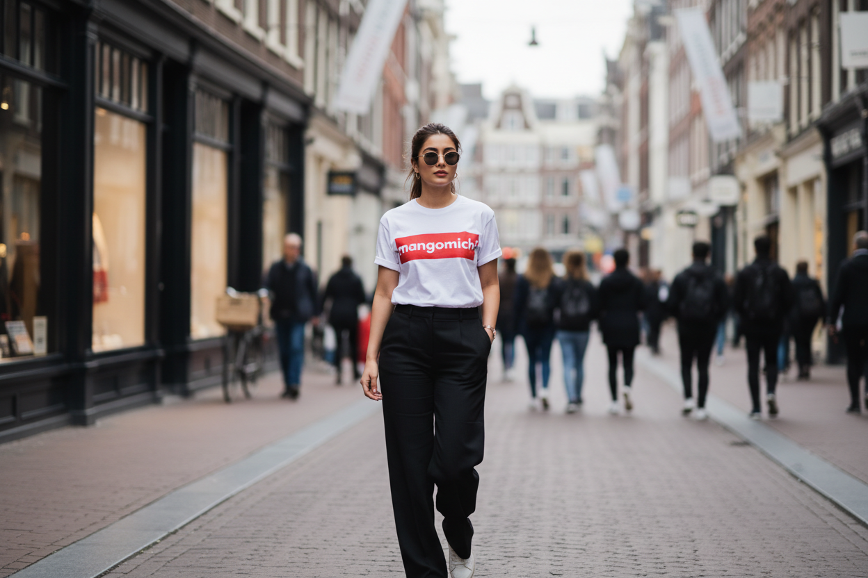 Wearing Mangomichi on Kalverstraat, Amsterdam
